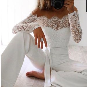 White off the shoulder lace jumpsuit!